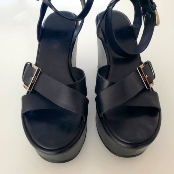 Prada Platform Black Leather Silver Buckles Sandles - Picture 1 of 11
